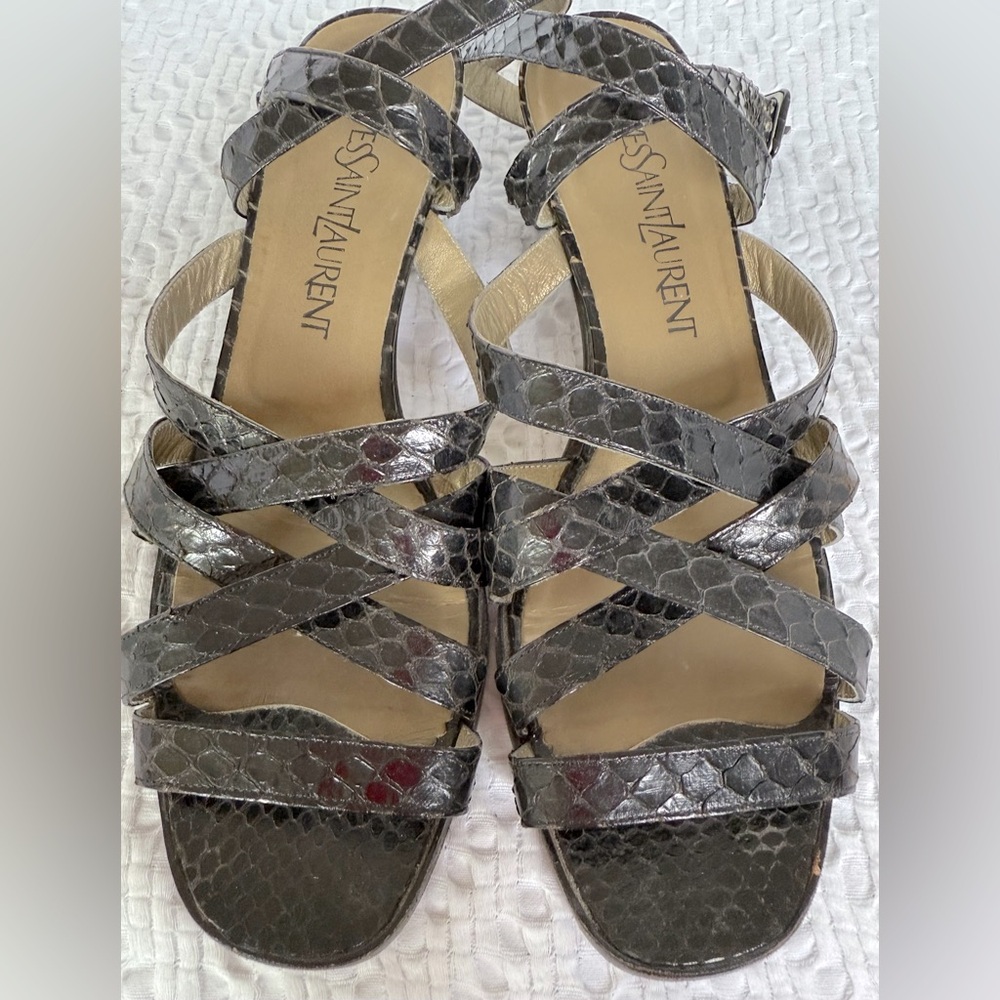 VINTAGE YVES SAINT LAURENT PYTHON STRAP BLOCK HEEL IN DEEP BROWN SZ 8.5